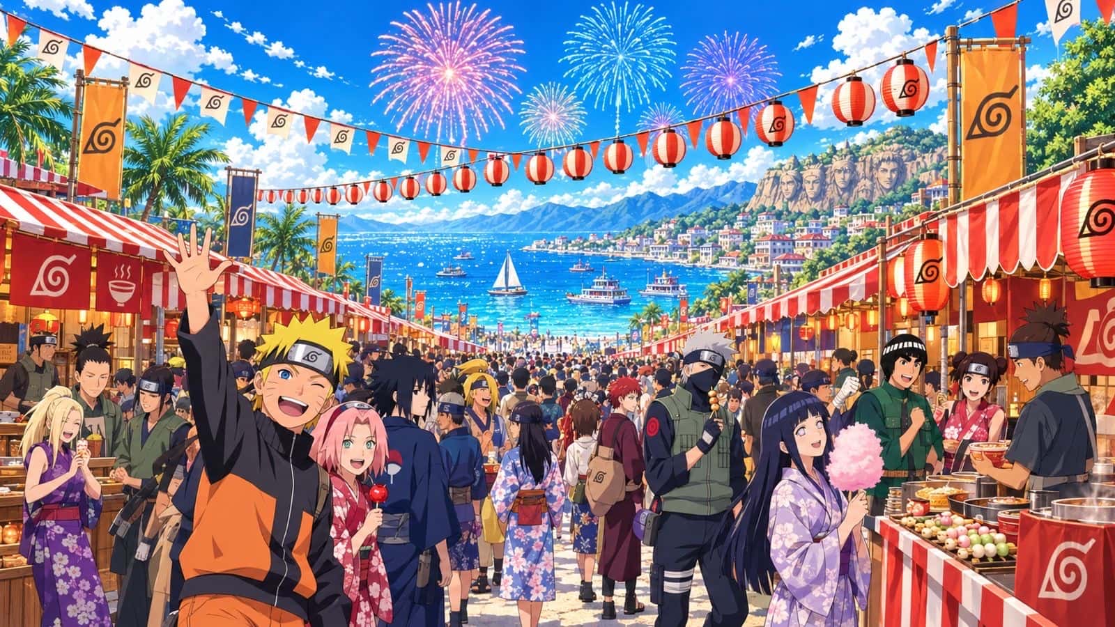 The Hidden Leaf summer festival: lanterns, food stalls and fireworks over the bay