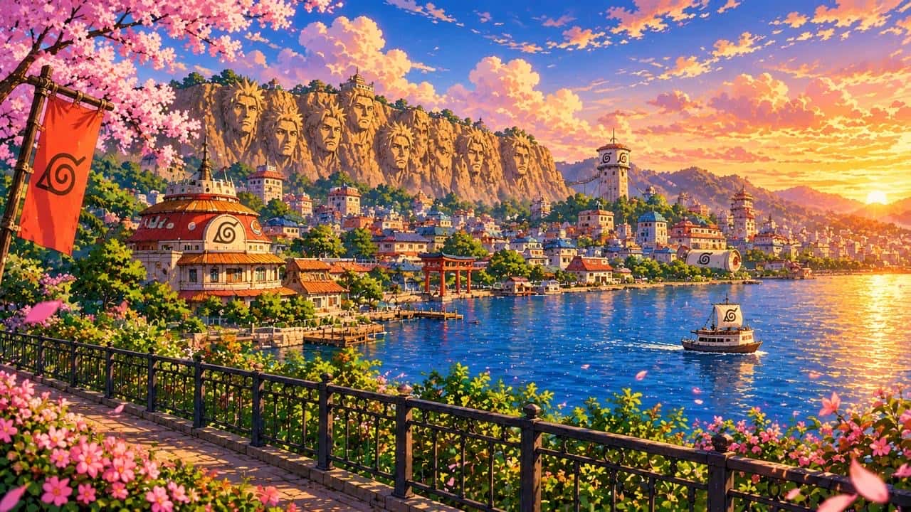 The Hidden Leaf village at sunset, the Hokage faces carved into the cliff